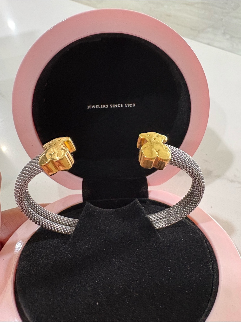 Tous Two-Tone Silver Mesh Cuff Bracelet with Gold Bear End Caps